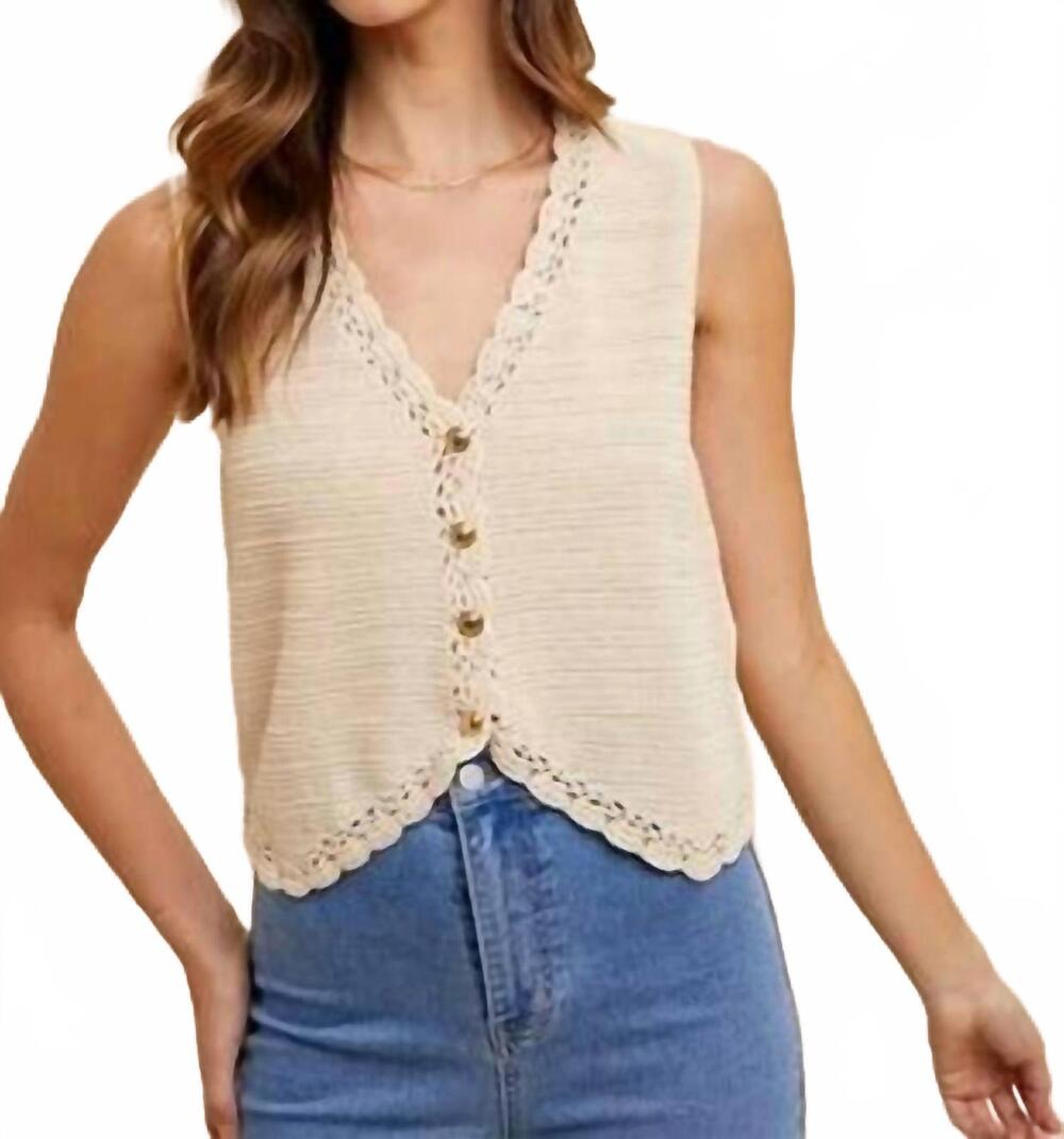 NEW ANNIEWEAR crochet trimmed button down vest in oatmeal